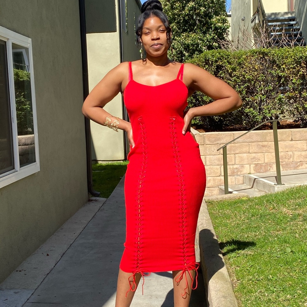Women’s Spaghetti Strap Dress Red SML Ribbed